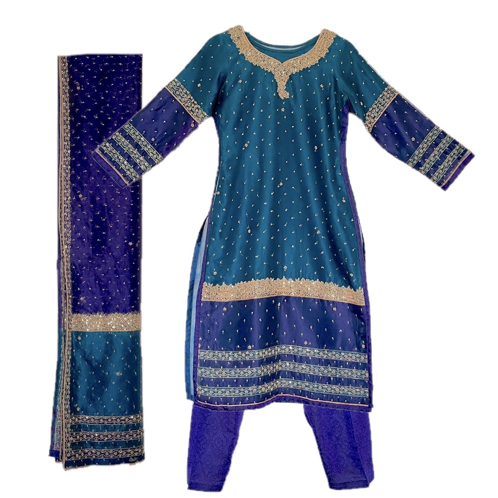 3 Piece Teal/Purple Suit with Shalwar and Dupatta